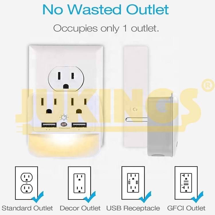 2 usb 2 wall outlet extender surge protected current tap with  sensor led night light  125V Rated 15A US Wall Plug