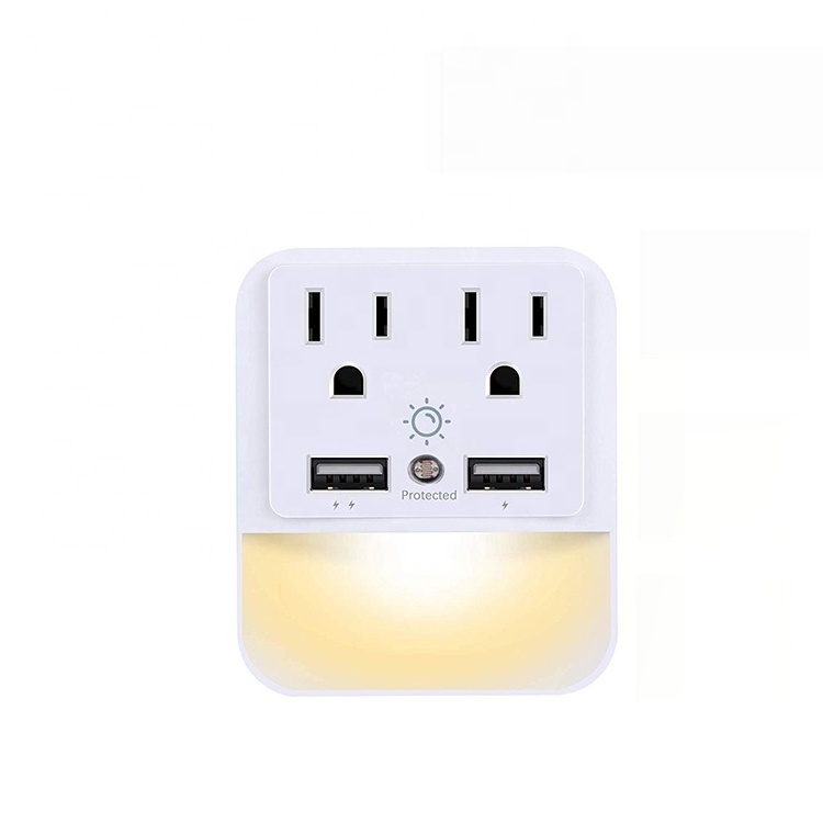 2 usb 2 wall outlet extender surge protected current tap with  sensor led night light  125V Rated 15A US Wall Plug