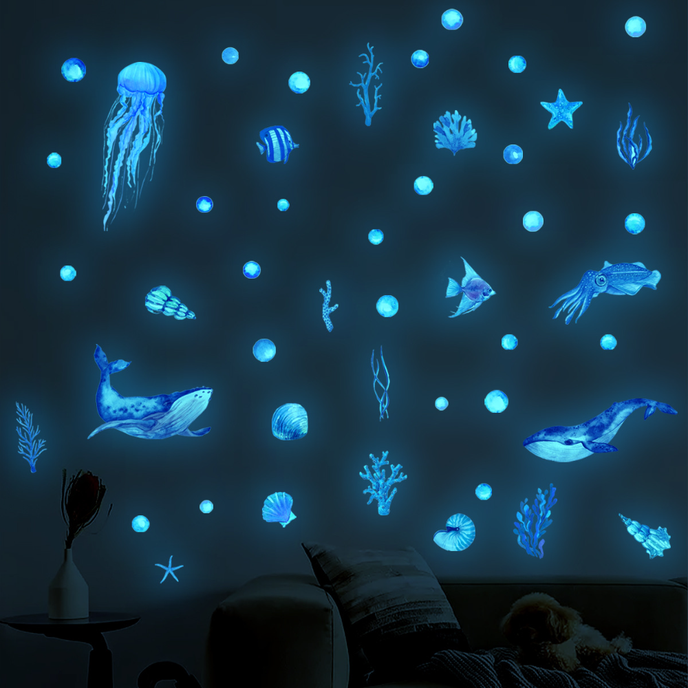 Custom Small Ocean Fish Blue Luminous Sticker Glow In Dark The Kids Room Nursery Decoration Wall Sticker