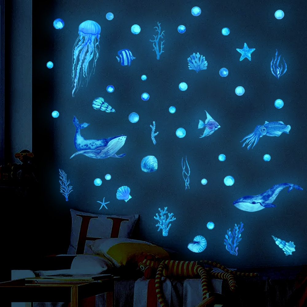 Custom Small Ocean Fish Blue Luminous Sticker Glow In Dark The Kids Room Nursery Decoration Wall Sticker