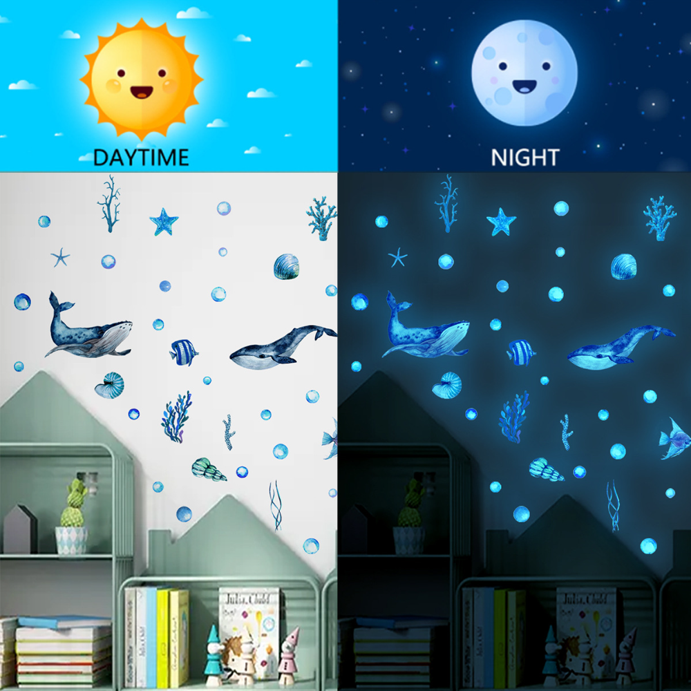 Custom Small Ocean Fish Blue Luminous Sticker Glow In Dark The Kids Room Nursery Decoration Wall Sticker