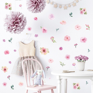 4sheets/pack Pink flower wall sticker watercolor girl bedroom living room wedding party decoration self adhesive wallpaper