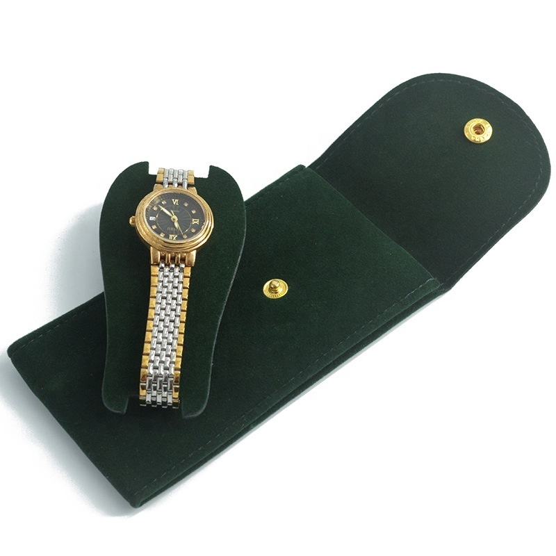 Watches Bag Velvet Suede Leather Custom Logo Single Watch Travel Pouch Envelope Case Green Premium Watch Pouch With Insert