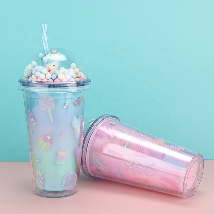 Sweet Candy Cake Print Cartoon Fashion 450ml Kids Girl Plastic Double Wall Straw Cup With Unicorn Rainbow Ball Lid