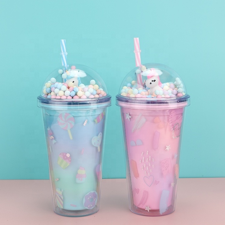 Sweet Candy Cake Print Cartoon Fashion 450ml Kids Girl Plastic Double Wall Straw Cup With Unicorn Rainbow Ball Lid