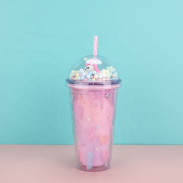 Sweet Candy Cake Print Cartoon Fashion 450ml Kids Girl Plastic Double Wall Straw Cup With Unicorn Rainbow Ball Lid