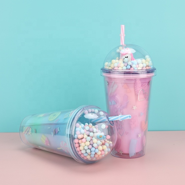 Sweet Candy Cake Print Cartoon Fashion 450ml Kids Girl Plastic Double Wall Straw Cup With Unicorn Rainbow Ball Lid