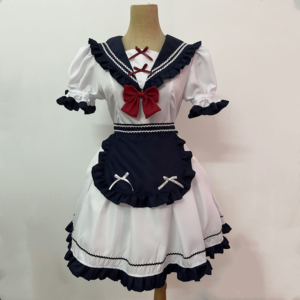 Japanese Anime School Girl  Cosplay Costume Blue White Maid Costume Women's Navy Collar Sailor Party Dress