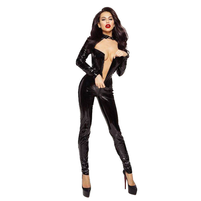 Sexy Black Wetlook PVC Leather Catsuit Front Zipper Open Crotch Women Latex Bodysuit  Erotic Jumpsuits Sexy Lingerie Jumpsuit