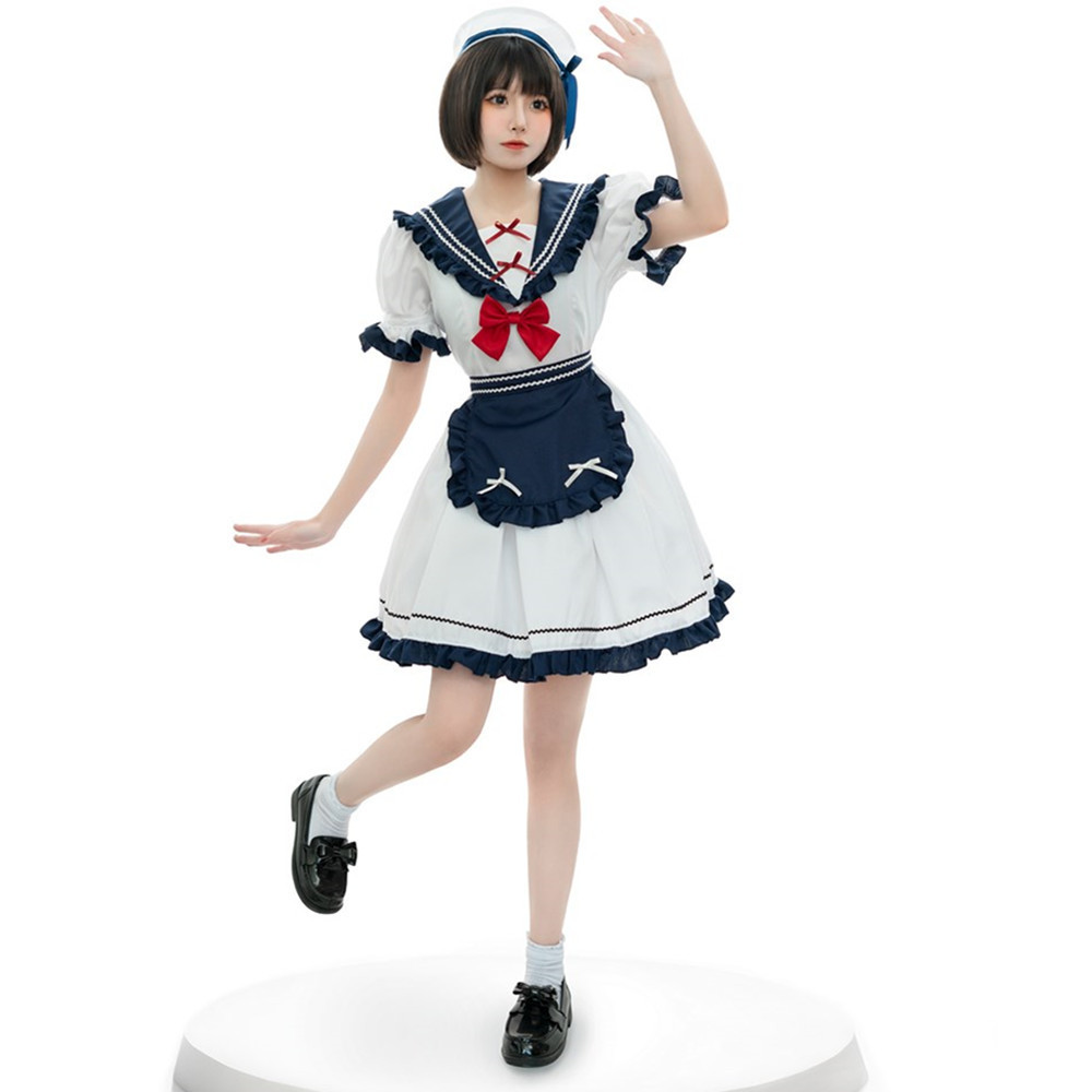 Japanese Anime School Girl  Cosplay Costume Blue White Maid Costume Women's Navy Collar Sailor Party Dress