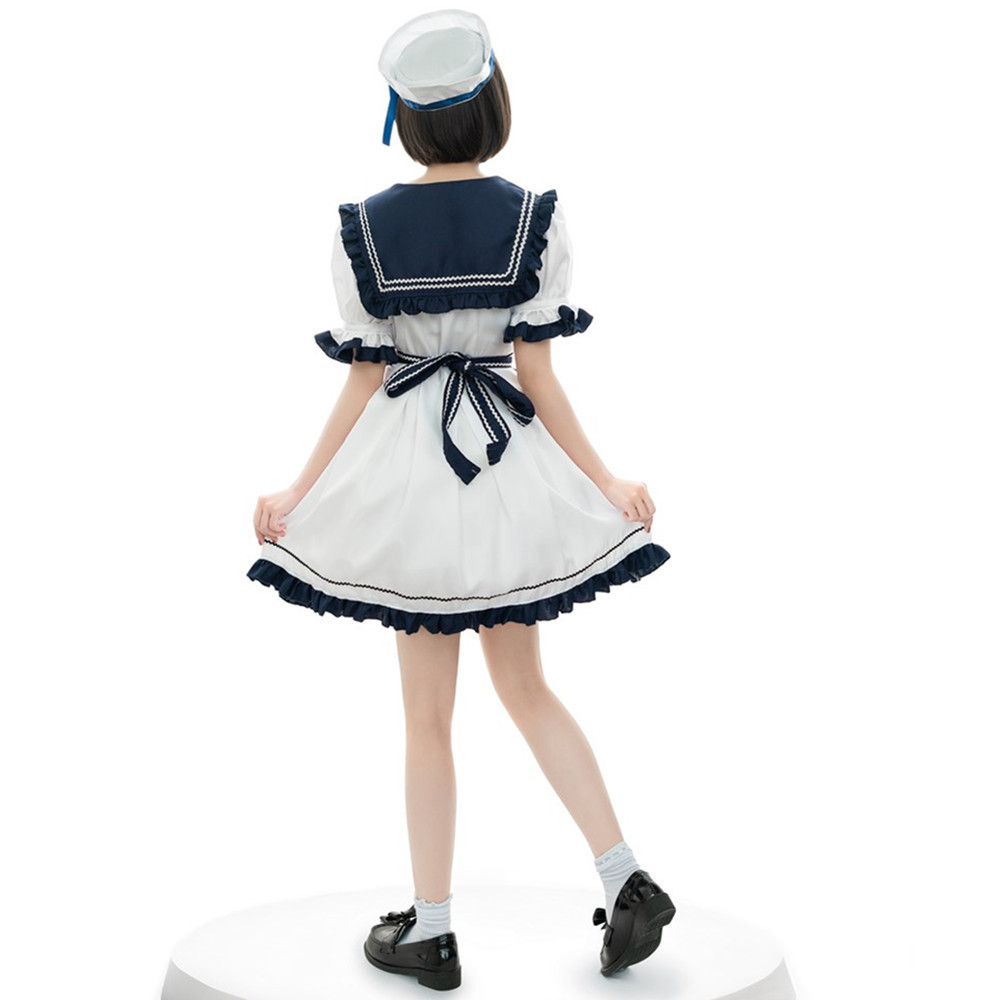 Japanese Anime School Girl  Cosplay Costume Blue White Maid Costume Women's Navy Collar Sailor Party Dress