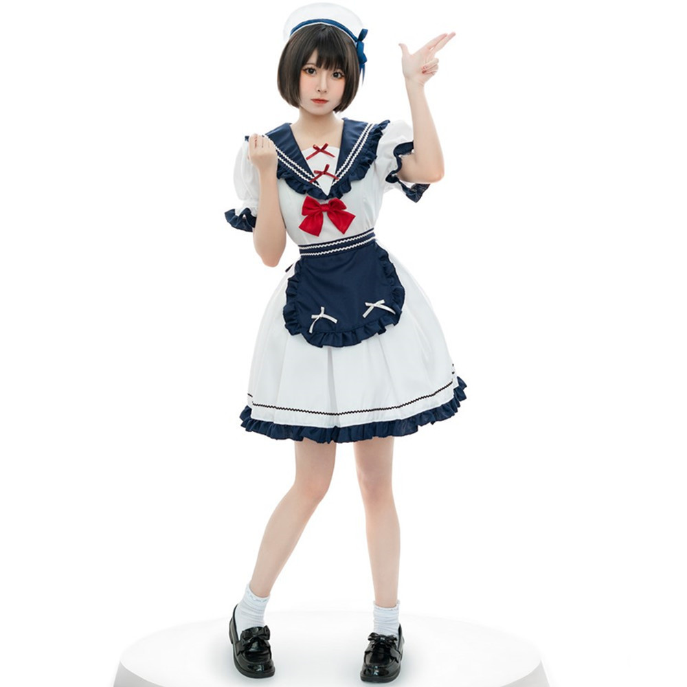 Japanese Anime School Girl  Cosplay Costume Blue White Maid Costume Women's Navy Collar Sailor Party Dress