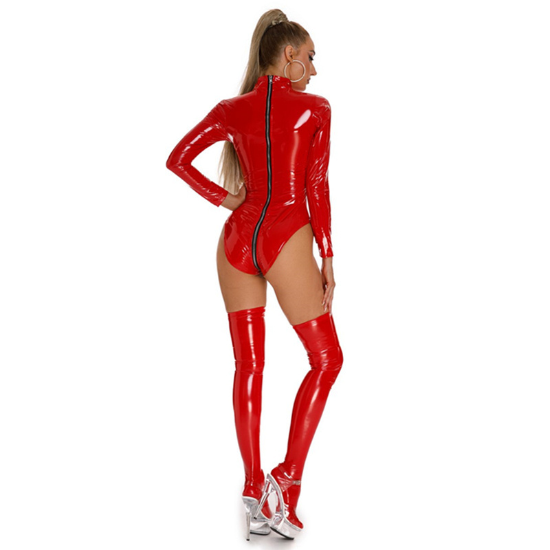 Women Red Breast Dew Zipper Bodysuit Tight Hight Elastic Open Crotch Punk Fun Leather Jumpsuit