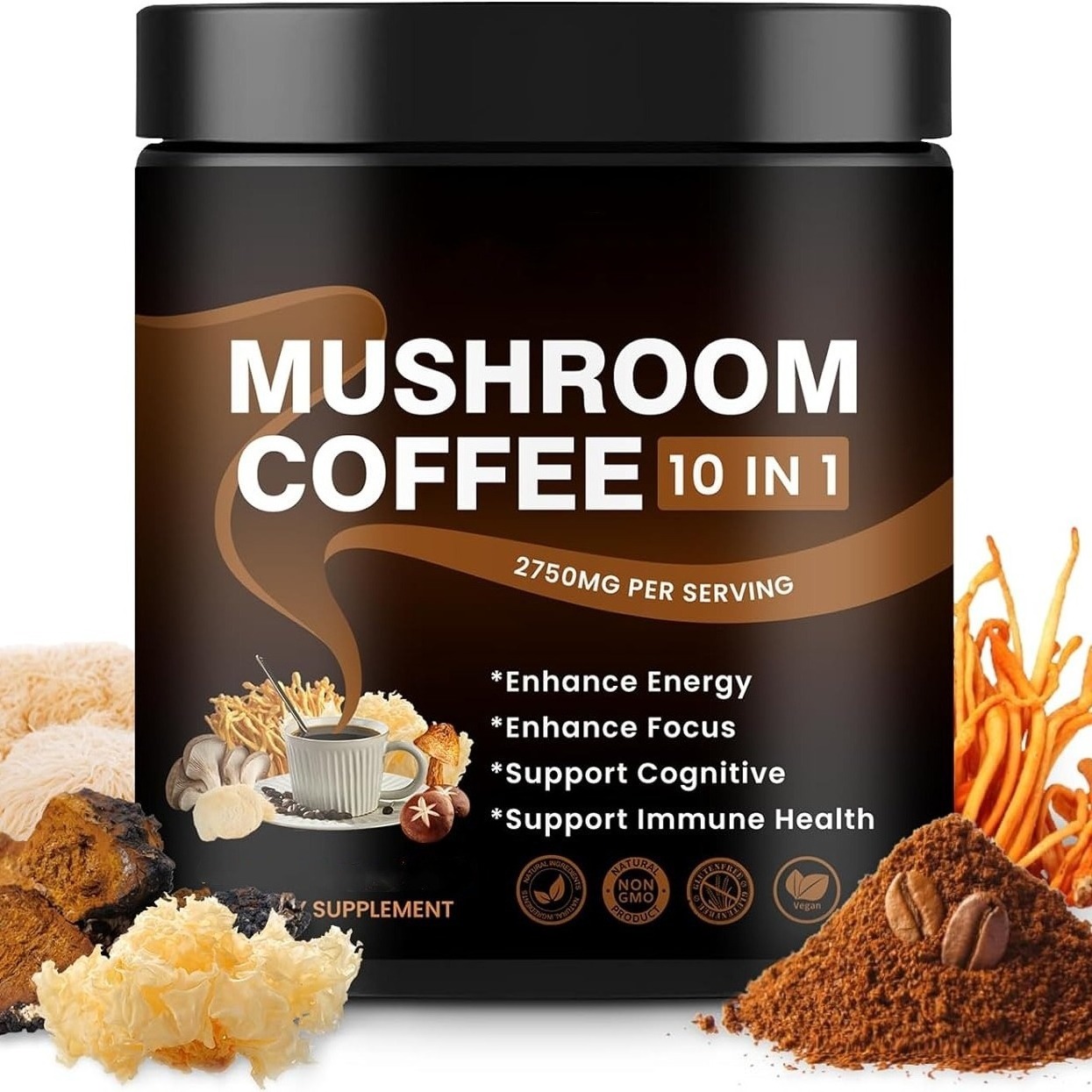 Julyherb top quality food grade mushroom coffee with lions mane L-Theanine 160g per can