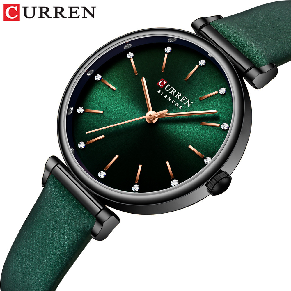 2021 CURREN 9081 Women Watches Fashion Rhinestones Dial Leather Bracelet Lady Wristwatch Green Watch