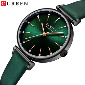 2021 CURREN 9081 Women Watches Fashion Rhinestones Dial Leather Bracelet Lady Wristwatch Green Watch