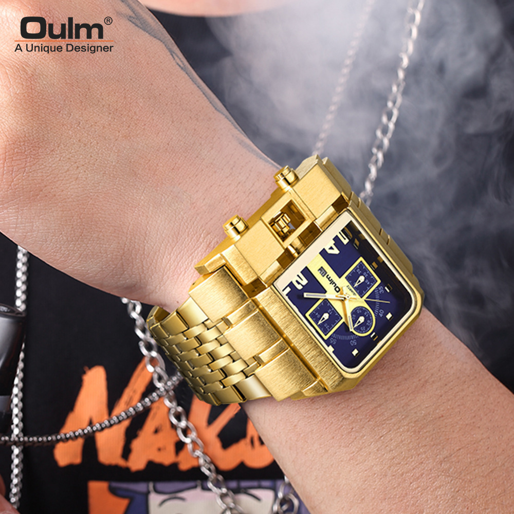 Oulm 3364 Gold Large Dial Men's Quartz Watches Stainless Steel Band Calendar Luxury Square Wristwatches Relojes