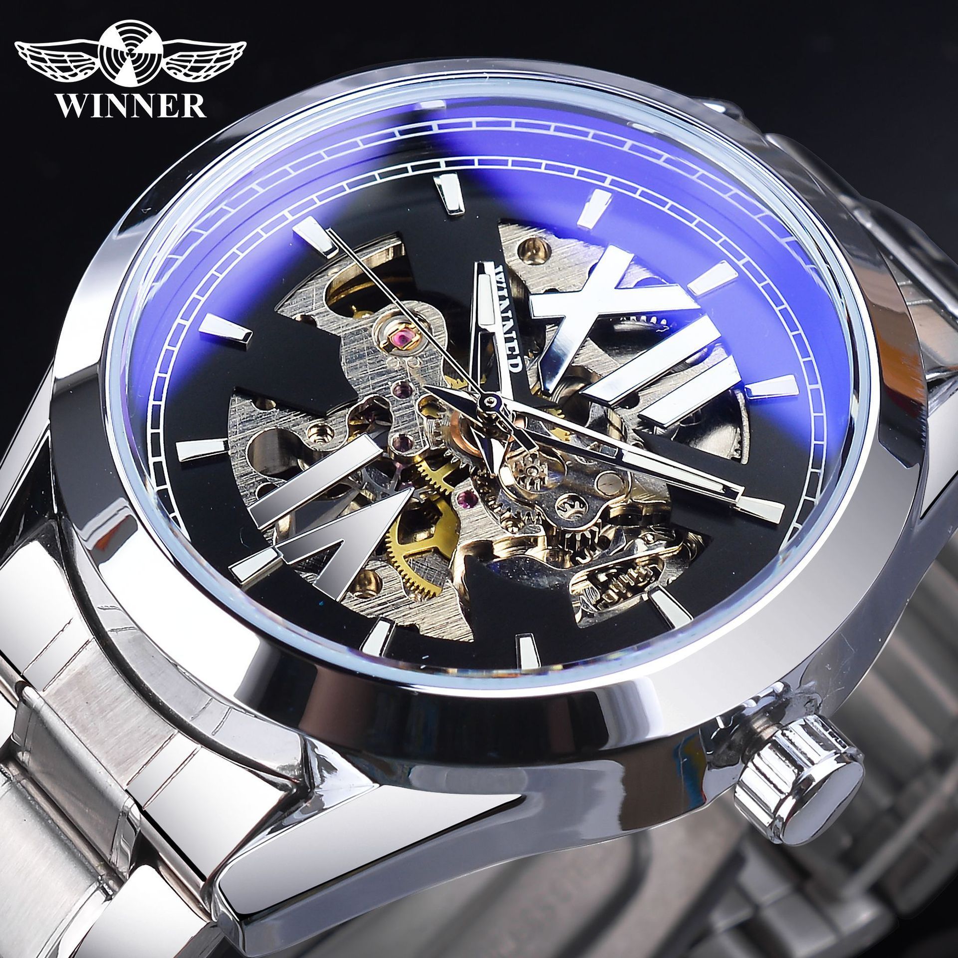 Winner SLZg101 Fashion hollow out  Men Automatic Mechanical Watch  Stainless Steel Water Resisttant Wristwatch