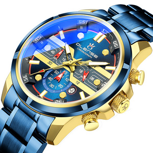 Top Brand Luxury OLENSE 9001 Blue Glass Men Waterproof Sports Chronograph Date Clock Stainless Steel Quartz Watch