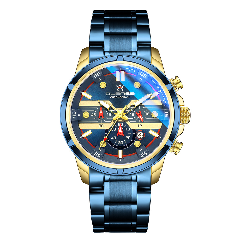 Top Brand Luxury OLENSE 9001 Blue Glass Men Waterproof Sports Chronograph Date Clock Stainless Steel Quartz Watch