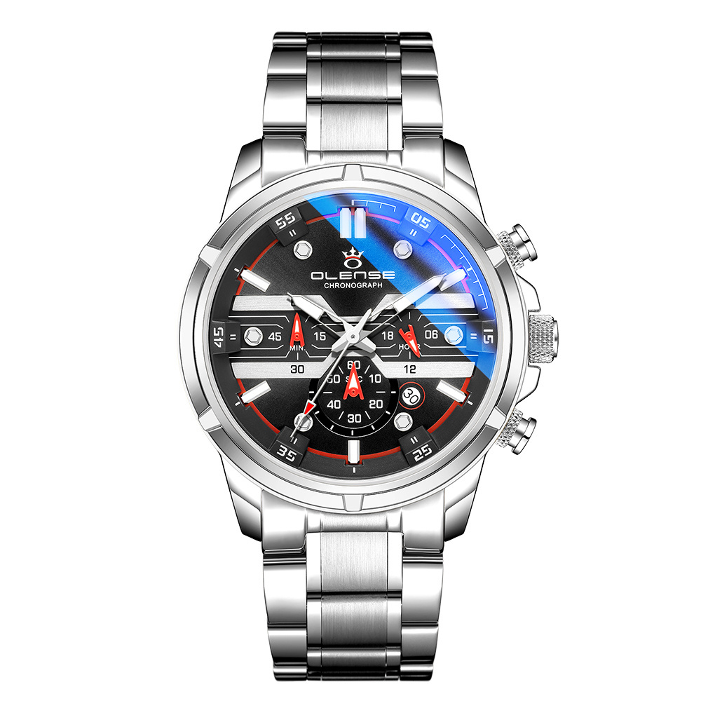 Top Brand Luxury OLENSE 9001 Blue Glass Men Waterproof Sports Chronograph Date Clock Stainless Steel Quartz Watch