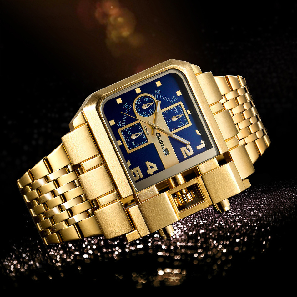 Oulm 3364 Gold Large Dial Men's Quartz Watches Stainless Steel Band Calendar Luxury Square Wristwatches Relojes