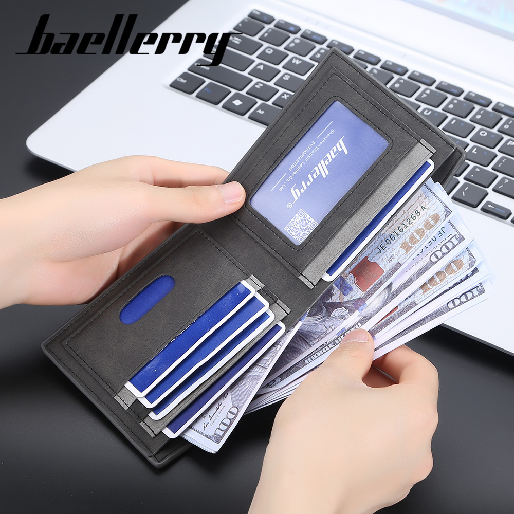 High Quality Pu Leather Baellery Short Frosted Multi-card Men's Fashion Open Horizontal Card Holder Wallet