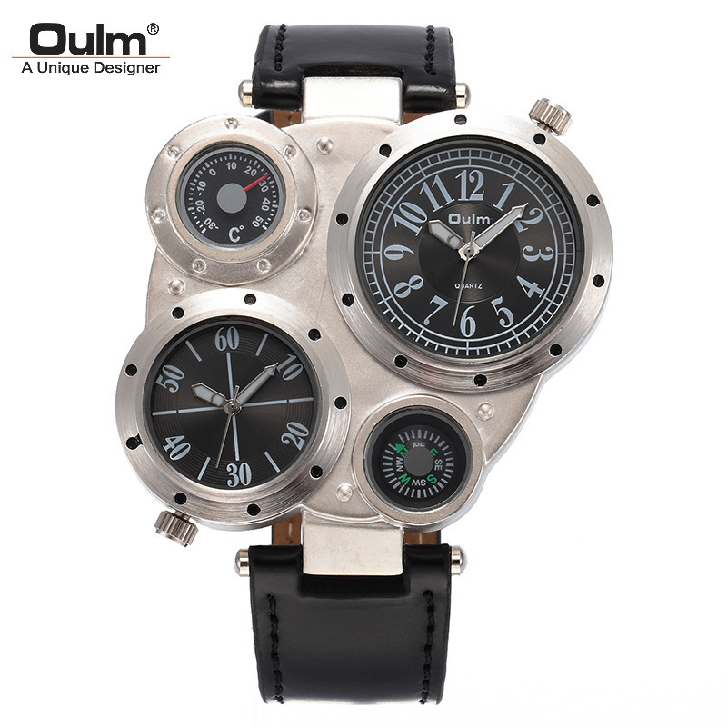 Oulm Luxury popular Watches Mens Double Time Zone Leather Band Compass Quartz Wristwatches