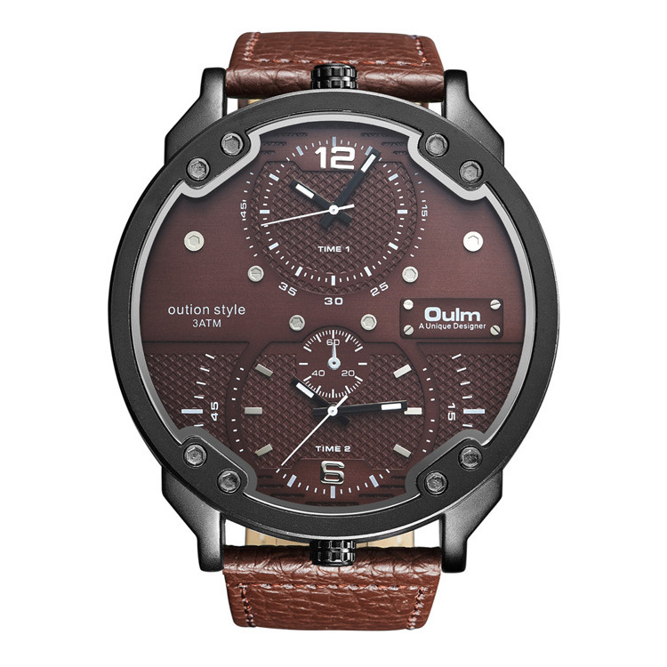 OULM Brand Watches Men Luxury Big Dual 3 Time Zone Wristwatch PU Leather Strap Sports Relojes