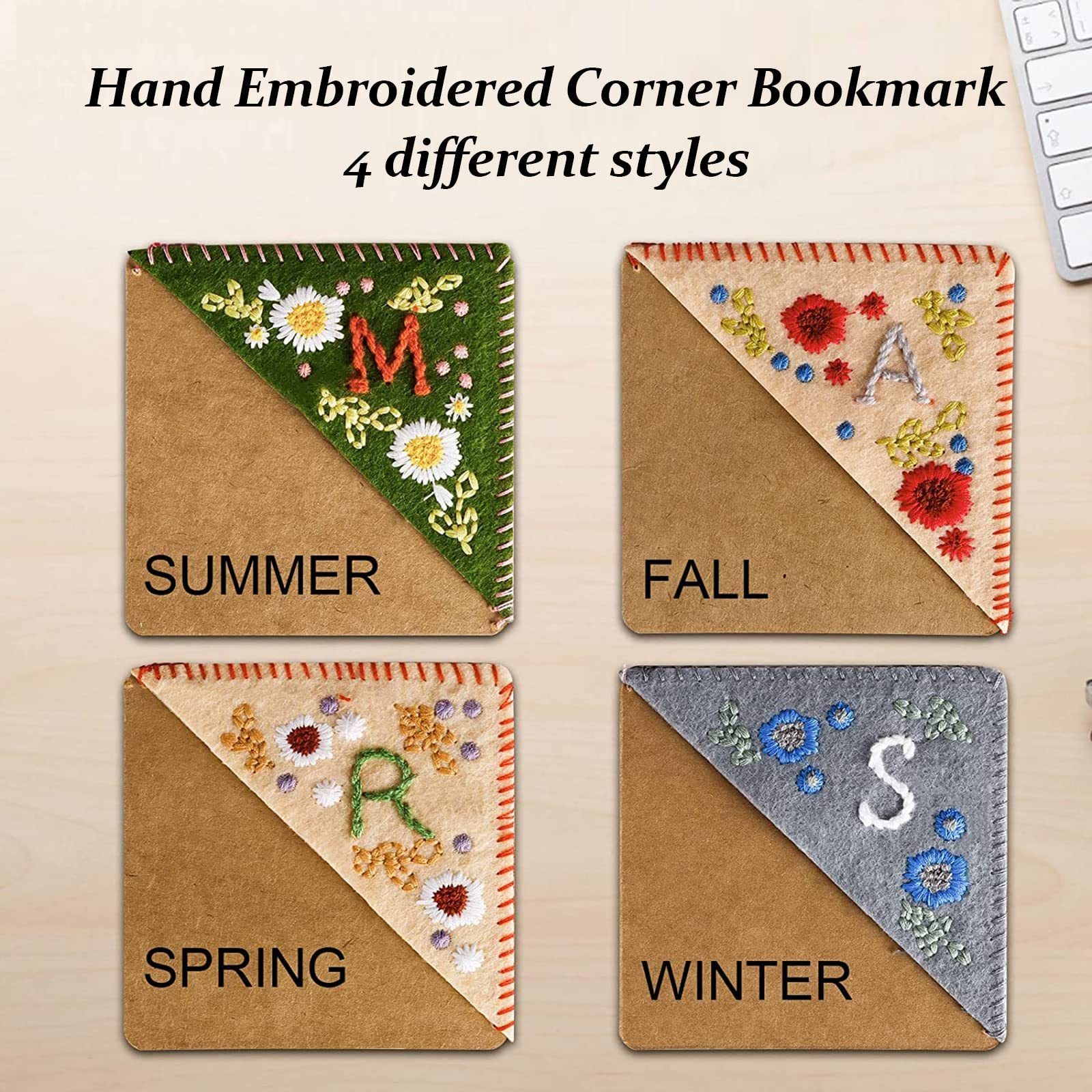 Personalized Hand Embroidered Corner Bookmark, Handmade Bookmark Cute Flower Letter Embroidery Corner Felt Triangle Bookmark