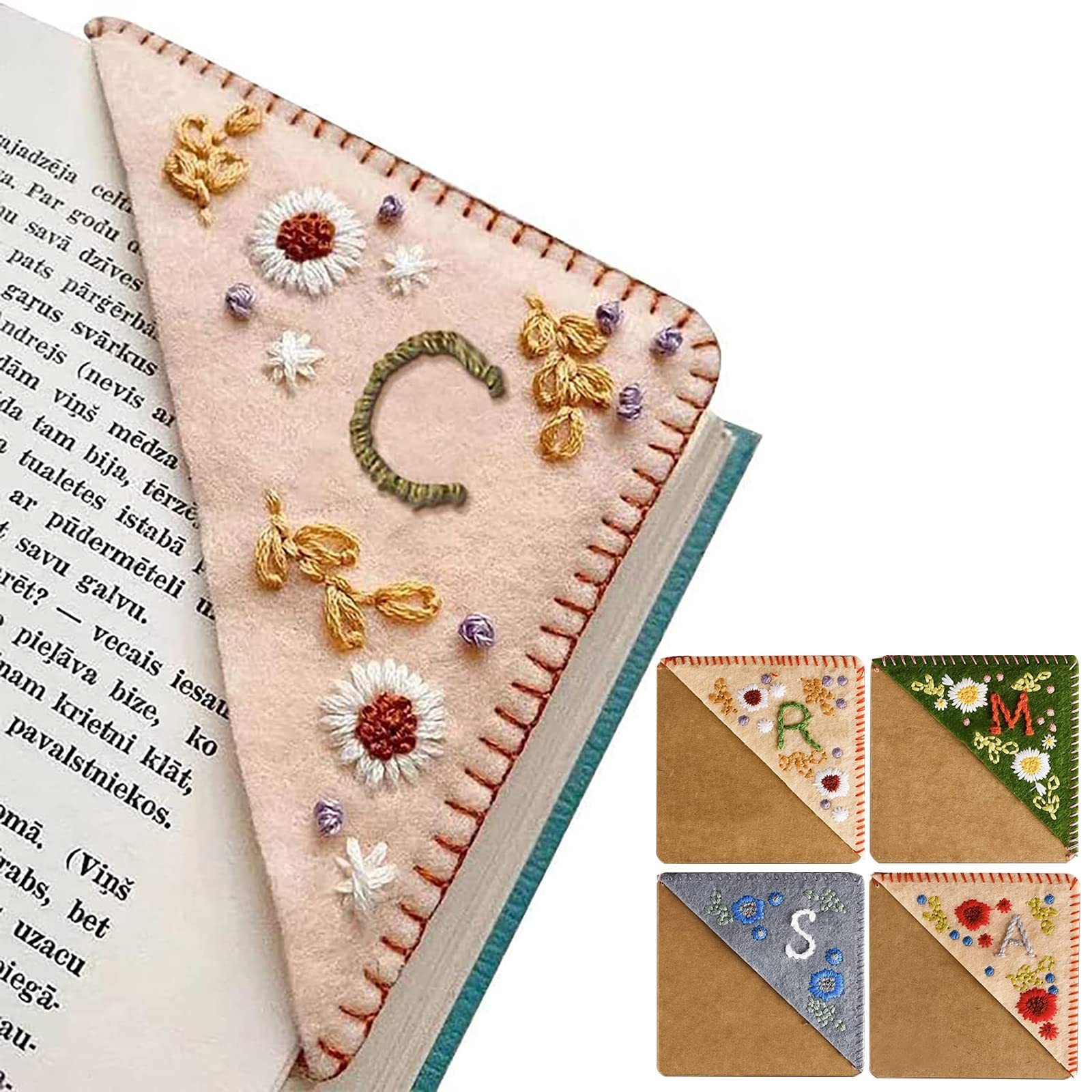 Personalized Hand Embroidered Corner Bookmark, Handmade Bookmark Cute Flower Letter Embroidery Corner Felt Triangle Bookmark