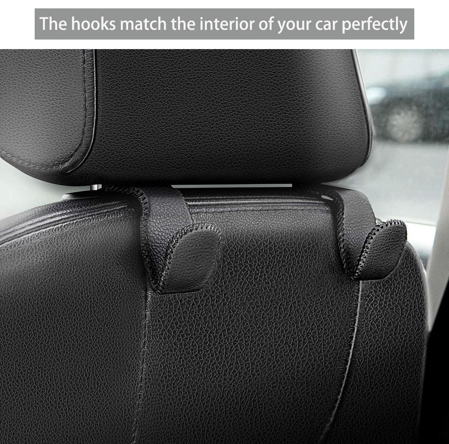 Headrest Hooks for Car, Back Seat Organizer Black Leather Hanger Holder Hook, for Hanging Purses and Bags and Coats