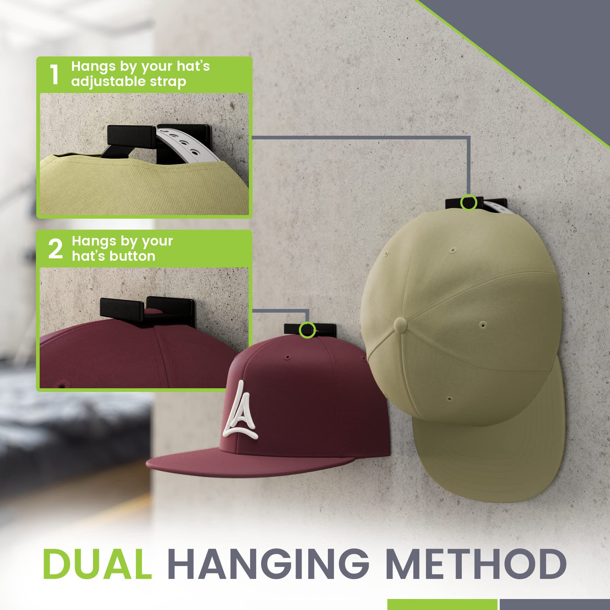 Adhesive Hat Rack Display Hooks for Wall & Door Baseball Cap Holder Closet & Storage Organizer Strong Cap Hanger for Room