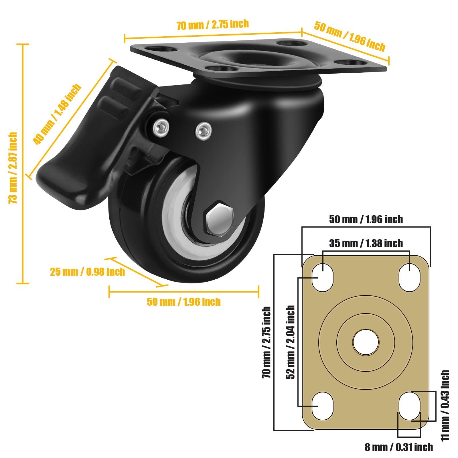 Casters wheels Heavy Duty but Silent Excellent Locking Casters with Polyurethane Wheels Swivel Plate Castor Wheels