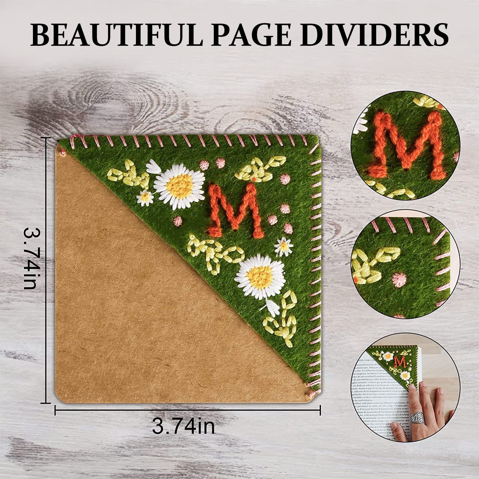 Personalized Hand Embroidered Corner Bookmark, Handmade Bookmark Cute Flower Letter Embroidery Corner Felt Triangle Bookmark