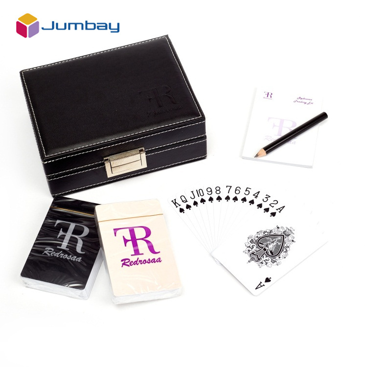 Luxury wooden pu leather box two deck playing cards poker game set with pen and notebook