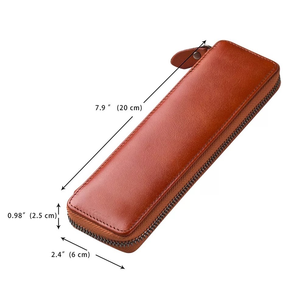 Gift vintage leather zipper around pencil case leather pencil holder bag pen case