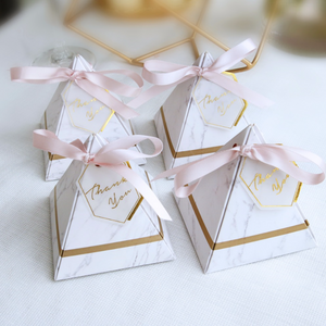 triangle  quality favor boxes wedding boxes gift box with ribbon and tag