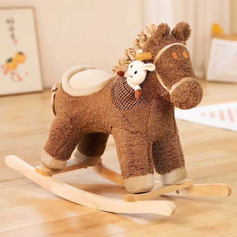 Istaride Baby Rocking Horse Rocking Chair Solid Wood Toys Children's Plush Pony Rocking Horse