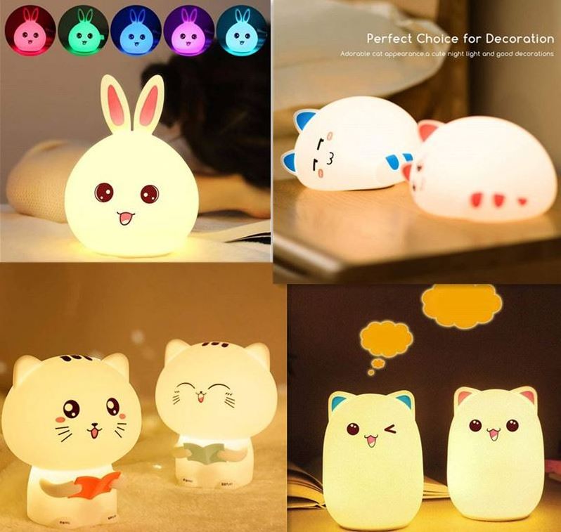 Jumon Rabbit Lamp Children Baby Whale Animal Silicone Bedside Multicolor Touch Sensor Tap LED Battery Opera Night Lights