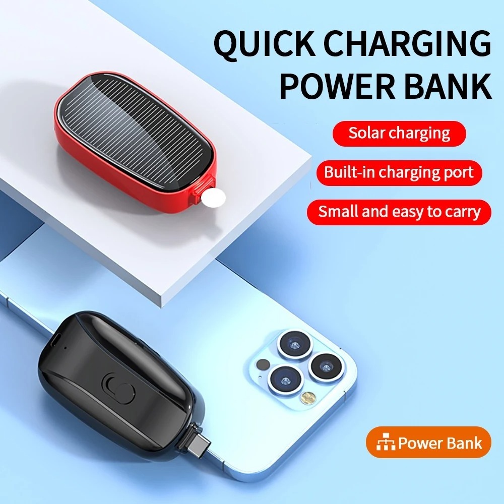 Jumon Solar Power Keychain Phone Charger 1200mAh Portable Type-C Wireless Power Bank Emergency Battery Pack