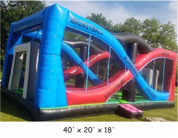 6 in 1 combo inflatable sports arena include volleyball court basketball dodgeball soccer boxing joust games