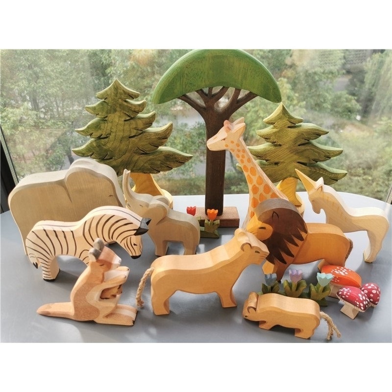 Kids Colorful Wooden Animals Handmade Basswood Stacking Blocks Toys Forest Trees Lion Elephant Giraffe Bear Kangaroo