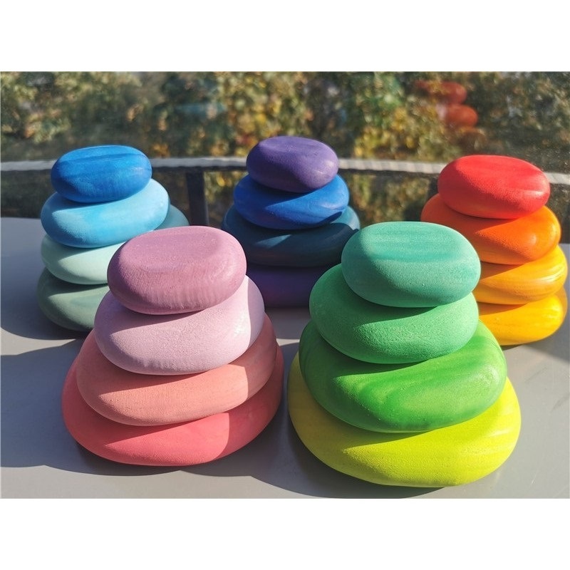 Rainbow River Pebbles Stones Dolls Rings Balls Building Stacking Blocks Wooden Toys for Kids