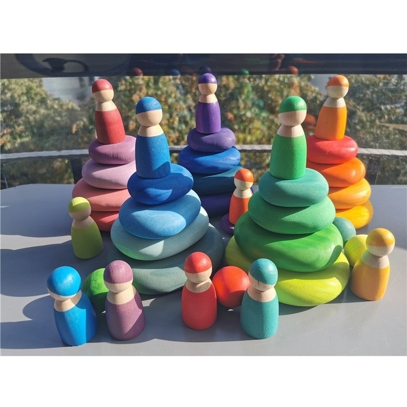 Rainbow River Pebbles Stones Dolls Rings Balls Building Stacking Blocks Wooden Toys for Kids