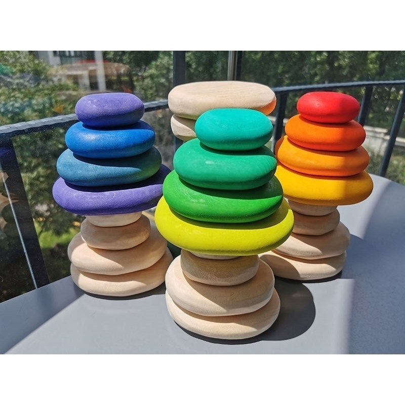 Rainbow River Pebbles Stones Dolls Rings Balls Building Stacking Blocks Wooden Toys for Kids