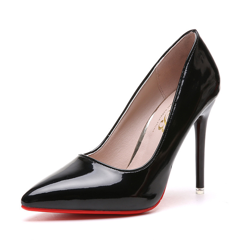 European American fine heeled high heels pointed black work single shoes female patent leather big size shoes red wedding shoes