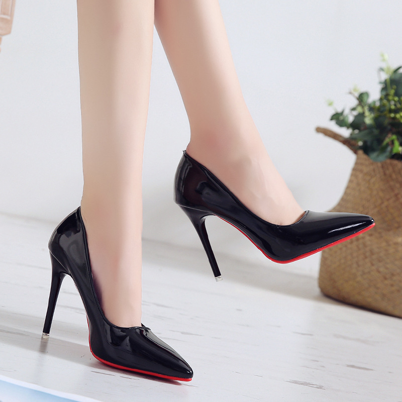 European American fine heeled high heels pointed black work single shoes female patent leather big size shoes red wedding shoes