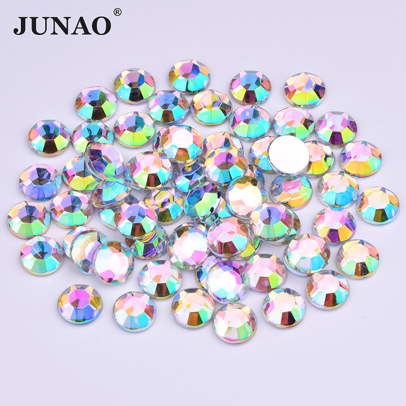 JUNAO 2mm 5mm 8mm 12mm Flatback Acrylic Strass Gems Round Glue On Crystal Rhinestones For Garment Accessory