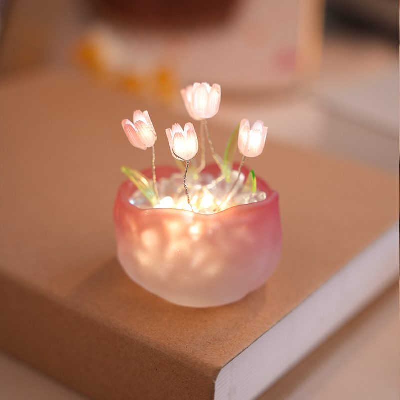 Tiktok Hot Sale Bedroom Decoration Dome Led Glass Flower Lampara De Tulipan for Gift